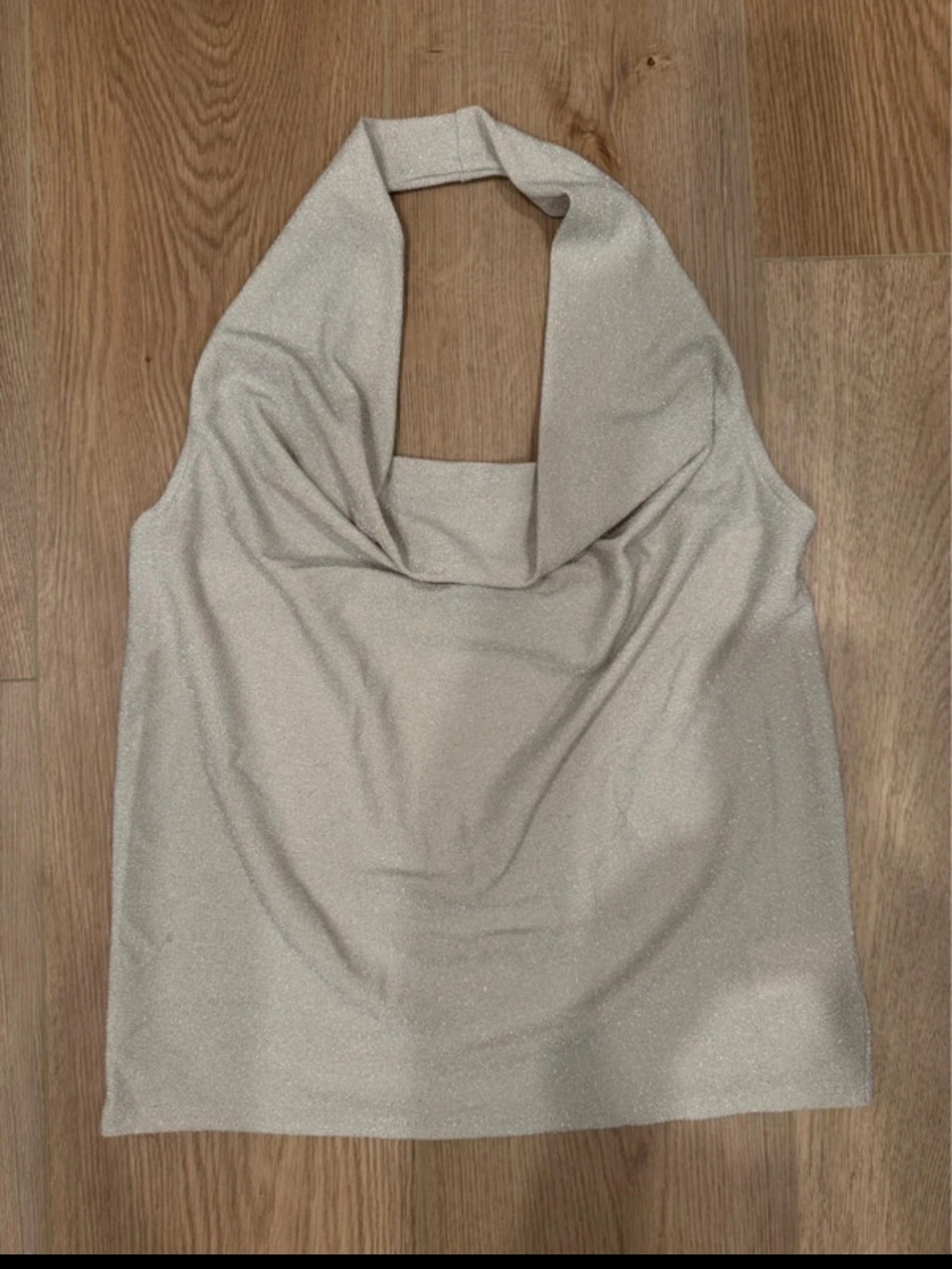 Express Shimmery champagne cowl neck halter top. Medium